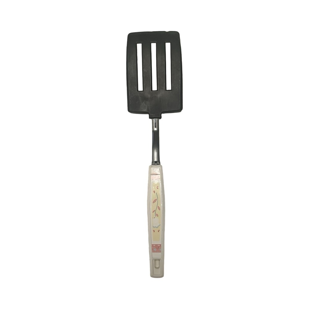 Vintage Koco Japan‎ Slotted Spatula Turner Black Nylon Floral Cream Handle MCM